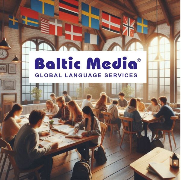 Baltic Media valodu kursi. Mācību telpa ar studentiem, kas pie galdiem studē, un pie sienas karogi no dažādām valstīm, iekārtota ar gaišu apgaismojumu.