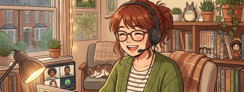 Woman with headset on video call in cozy home office with British flag and plants